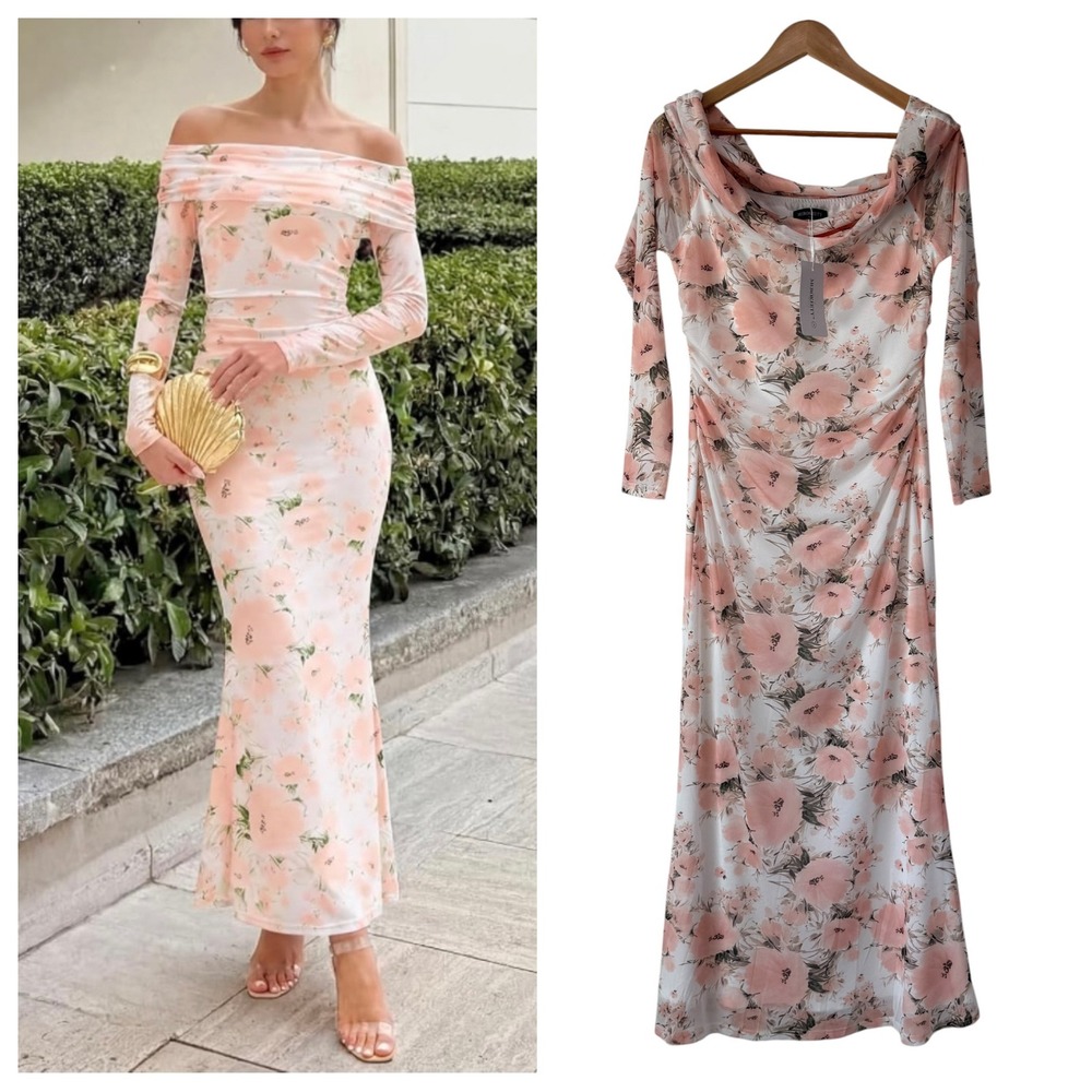 NEW Bodycon Floral Mesh Off Shoulder Maxi Dress L Pink Ruched Long Sleeve Fairy
